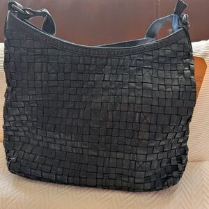 Woven Leather Shoulder Bag - Navy Approx 13x10"